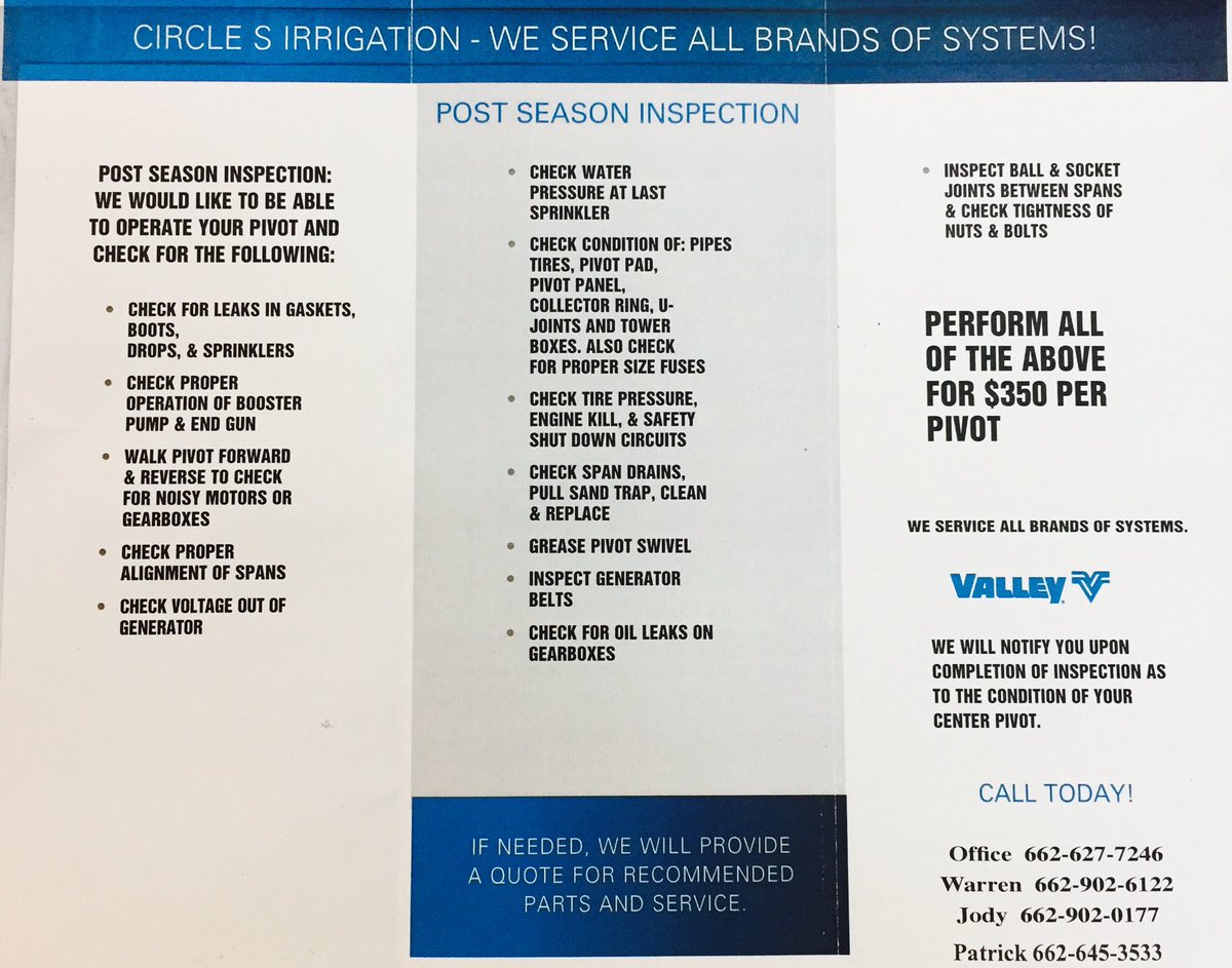 Now is the time to get Post Season Pivot Inspections done! Call us Today to Schedule an Inspection!