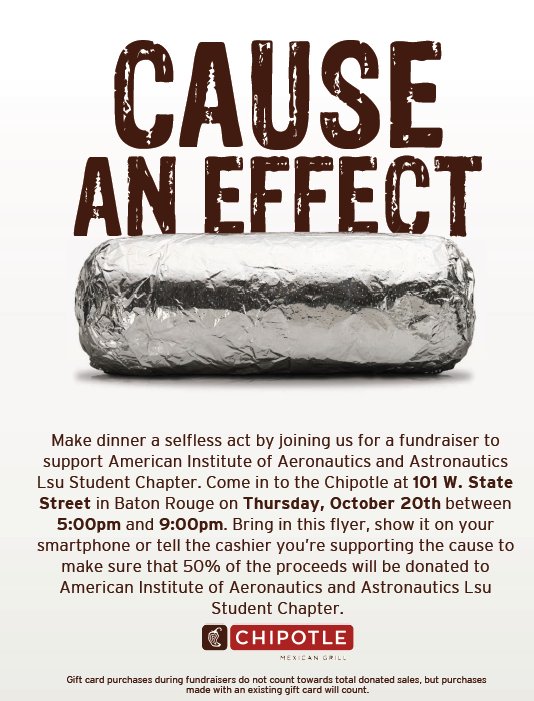 LSUAIAA's tweet photo. Stop by Chipotle, 5-9pm THIS THURS. (10/20), say "AIAA at LSU" at check out, and 50% of the proceeds come back to us!!
#LSU #Chipotle https://t.co/kKpsAmmQ2H