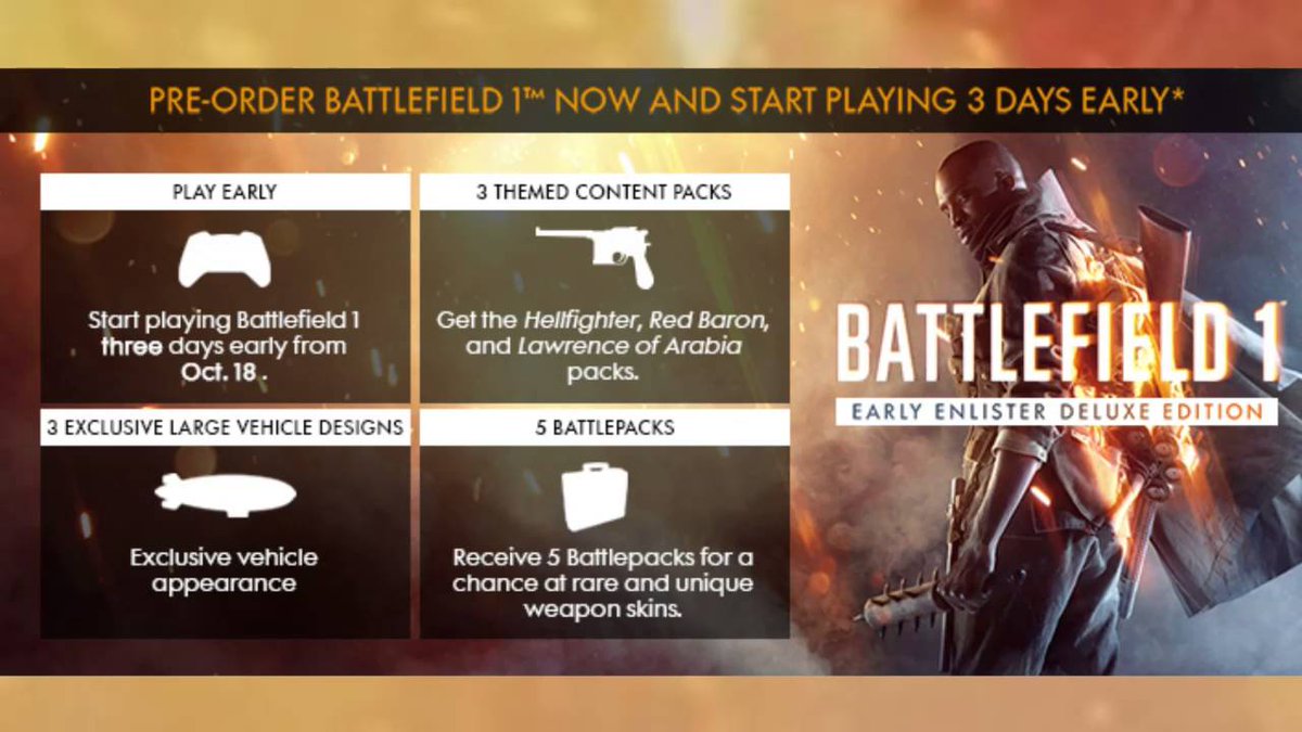 Battlefield 1 Early Enlister Edition coming tomorrow! #Battlefield1 
RT - If you're excited.