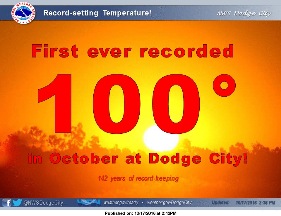 NWSDodgeCity's tweet image. 100 degrees at 239pm recorded at Dodge City, first ever recorded 100 degree temperature in October since 1874 #kswx