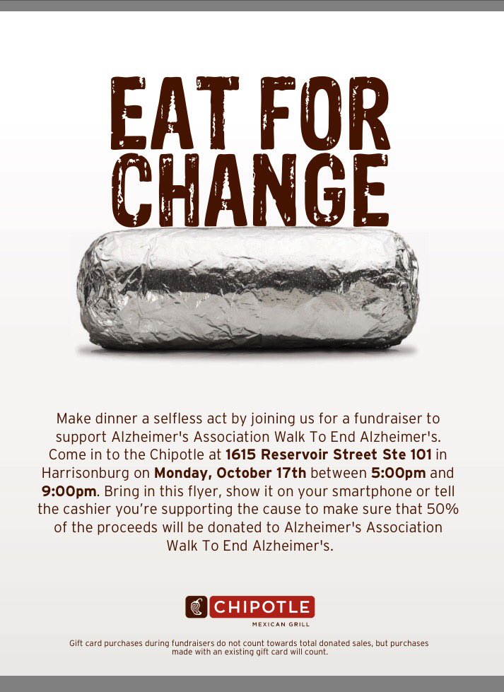 Head out to Chipotle for dinner tonight between 5-9pm to support <a href="/JMU_SigmaKappa/">JMU Sigma Kappa</a> and Alzheimer's Association! Be sure to show them this :)