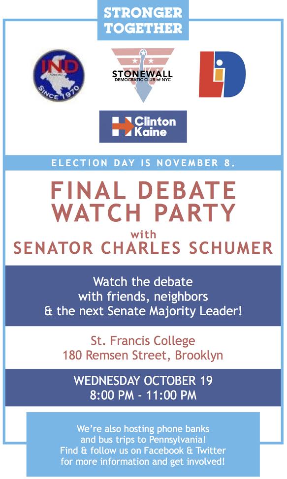 LIDbrooklyn's tweet image. Join us, @INDBrooklyn, @SDNYC, @SenSchumer, and @JoAnneSimonBK52 for a final #Debates2016 watch party on Wed. at St. Francis College