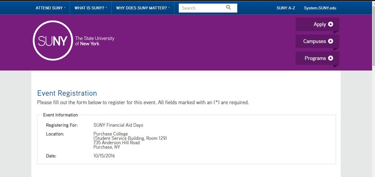 PurchaseSFS's tweet image. SUNY Financial Aid Day is this Saturday, October 15th. Please don't forget to sign up if you are interested:

suny.edu/attend/events/…