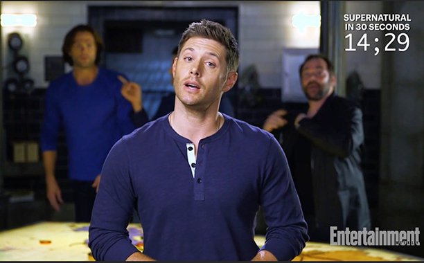 EW's tweet photo. We asked @JensenAckles, @JaredPadalecki, @MishaCollins &amp; @Mark_Sheppard to sum up #Supernatural in 30 seconds: https://t.co/wIAXdtba7w 😂 https://t.co/KQQ5PK3mBY