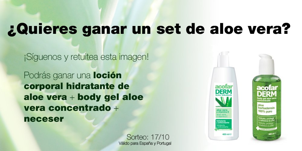 AcofarmaOficial's tweet photo. ¡Descubre el poder del aloe vera con Acofarderm! Participa en nuestro sorteo y podrás probar 2 de nuestros productos a base de aloe vera. https://t.co/fYynnzsWpa