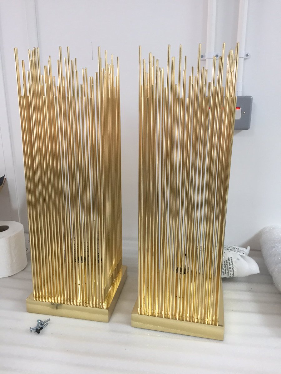 Richard_AJ_Hart's tweet photo. A pair of polished brass Penza table lamps ready for export to our next exhibition @BigBoysToysAD @DecorusDesign #lighting #madeinengland https://t.co/hagTXjfQyV