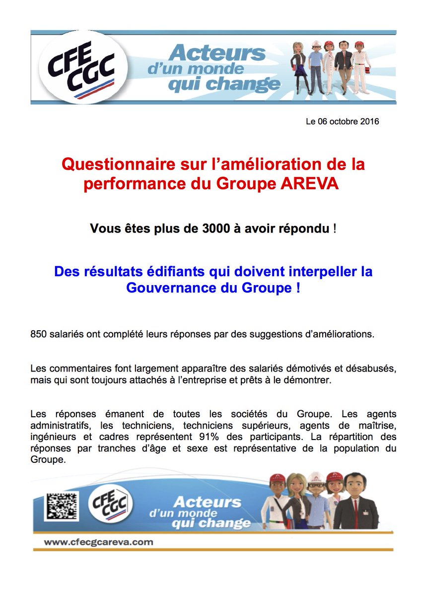 cfecgcareva's tweet photo. +3000 Salariés #AREVA interpellent la gouvernance sur l’inadaptation des méthodes d’amélioration de performance!(réponses à enquête #CFECGC) https://t.co/0MFotzQPRM