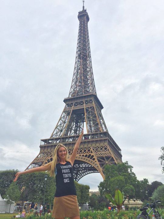 starkandbasic's tweet image. When you travel be sure to represent OKC! model: Lauren Delano at Eiffel Tower. #london #paris #tokyo #okc starkandbasic.com