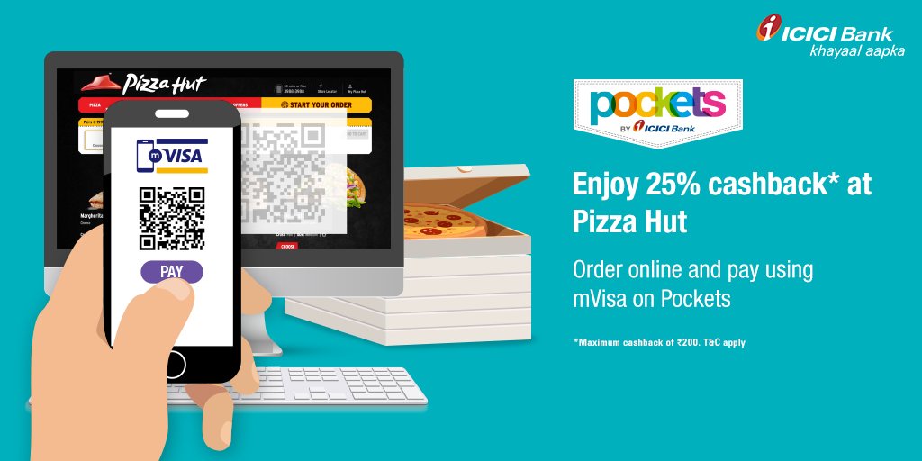 ICICIBank's tweet photo. Craving for a yummy pizza? Order online from Pizza Hut &amp; get 25% cashback using mVisa on #Pockets. https://t.co/832AP9RaOX https://t.co/JQtXE7t5hU