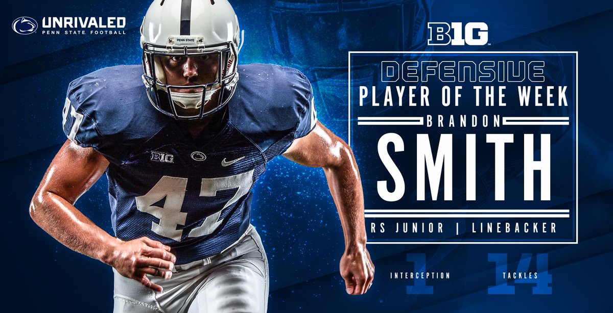 PennStateFball's tweet photo. #UMDvsPSU was a banner day for Nittany Lion Brandon Smith, named #B1G Defensive Player of the Week for his impact. Congrats, B.Smith! #WeAre https://t.co/BmO6Szz5jT