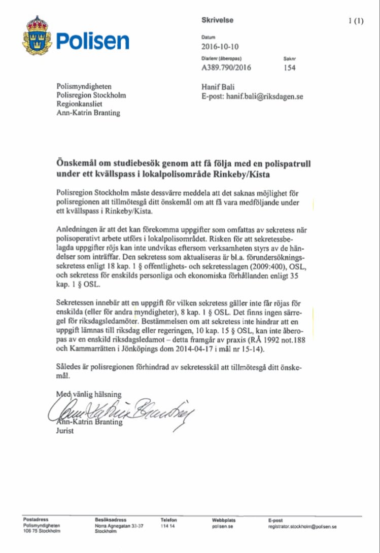 Kan @polisen_riks förklara varför andra politiker, medier etc får förlag med polispatrull men inte jag?