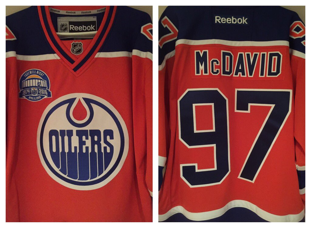 Oil5Time's tweet photo. Thanks to @StalbertSFS for putting on #FarewellRexall patch. #McDavid rookie jersey #NoCyet https://t.co/ERvW9nXaoY