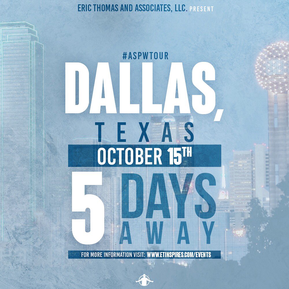 Ericthomasbtc's tweet photo. JUST 5 DAYS AWAY DALLAS!!!🔥🔥🔥 Grab your tickets because they are almost gone!! *link in bio* #etinspires #ASPWTour #EricThomas https://t.co/w46n2feF0v
