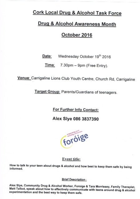 Presentation for parents on Drug &amp; Alcohol awareness - Carrigaline YC - Wed Oct 19th at 7:30 pm