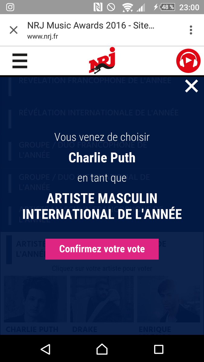 MjDonnaMj's tweet photo. I vote for @charlieputh at @NRJMusicAwards #nrjmusicawards #NMA2016 👍😄 https://t.co/Rb1QgprZW9