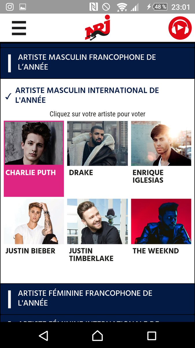 MjDonnaMj's tweet photo. I vote for @charlieputh at @NRJMusicAwards #nrjmusicawards #NMA2016 👍😄 https://t.co/Rb1QgprZW9