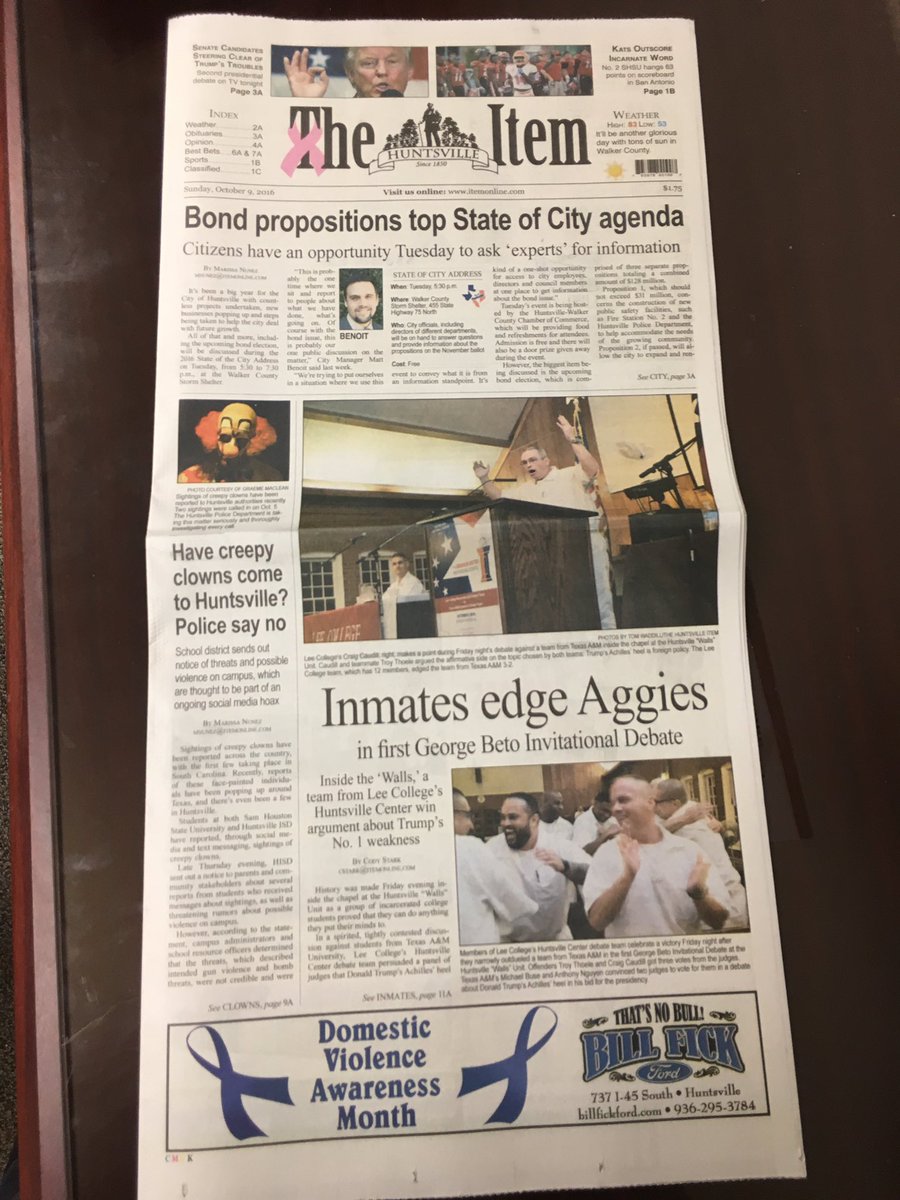 adamkey's tweet photo. We made the front page of the @HuntsvilleItem #PrisonDebate https://t.co/VvdLA7xInd