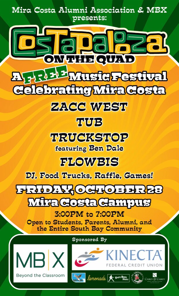 MiraCostaAlumni's tweet photo. Costapalooza on the Quad! Friday, October 28 with Zacc West, @flowbis, Tub, and Truckstop featuring Ben Dale. https://t.co/f0JhDxEXSb