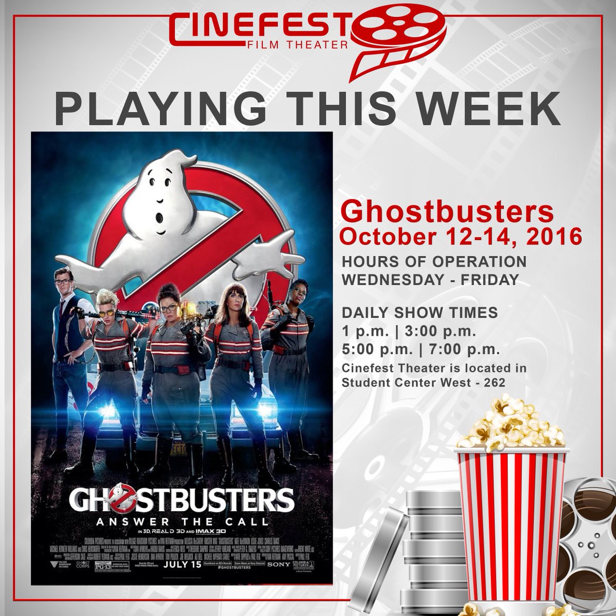 GSUCinefest's tweet photo. Make sure you come out to see Ghostbusters! https://t.co/1YAG6Hs8b8