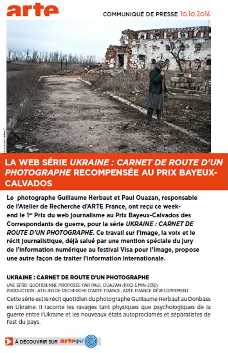 ARTEpro's tweet photo. [CP 📷] Bravo ! La #websérie "#Ukraine : carnet de route d’un photographe" de @gherbaut &amp; @Pouazan pour @ARTEInfo récompensée au @PrixBayeux. https://t.co/NCobHH5tyo