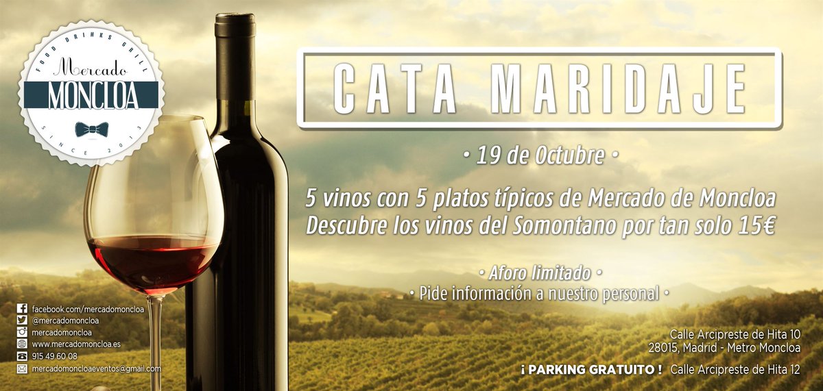 MercadoMoncloa's tweet photo. Cata Maridaje a cargo del enólogo D. Manuel Blasco.@DOSomontano el próximo lunes. https://t.co/XH8H9glIeP #winelover #Madrid #Winer2016 https://t.co/koZy1POPCu