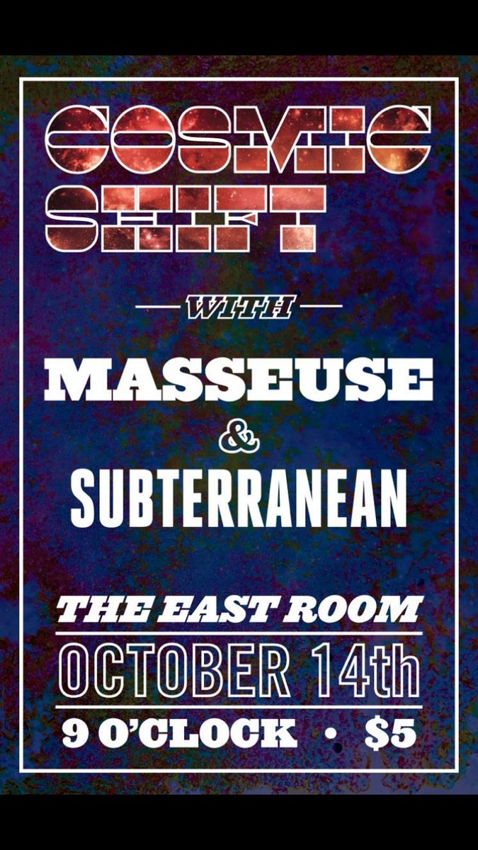#Nashville: <a href="/Masseuse/">masseuse</a> will be playing with <a href="/Cosmicshiftband/">Cosmic Shift</a> &amp; <a href="/SubTBand/">Subterranean</a> at <a href="/TheEastRoom/">The East Room</a> on Fri. (10/14)! RT for #FreeTickets! #HangarTime