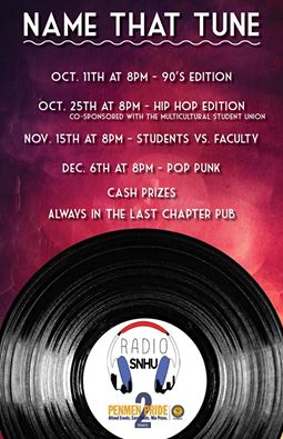 RadioSNHU's tweet photo. Come join us in the Pub tomorrow for 90's Name That Tune at 8:00PM! Jump into the panel for a chance to win some Bills, Bills, Bills! ;) https://t.co/KUiykiE7Ow