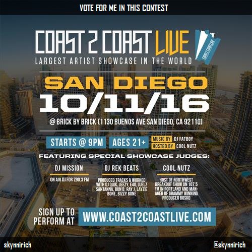 Vote for me to perform at #San Diego Edition 10/11/16! https://t.co/sORwsP6oT3 #Coast2Coast https://t<a href="/tag/san"class="tags">#San</a><a href="/tag/coast2coast"class="tags"><span>#coast2coast</span></a>
