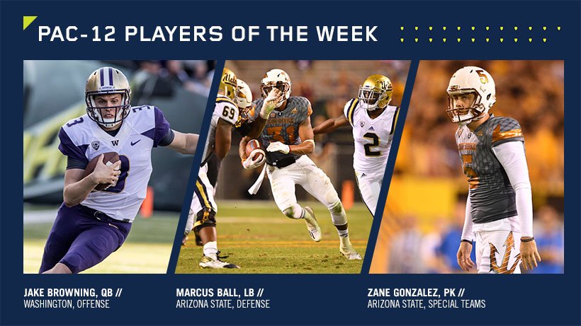 pac12's tweet photo. Congratulations to the #Pac12FB Players of the Week, @UW_Football and @FootballASU. Read more: https://t.co/RexDhwWOHQ https://t.co/g0BvjxqqwS