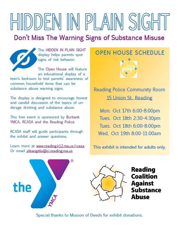 YMCABostonTeens's tweet photo. Hidden In Plain Sight, an exhibit for adults about warning signs of substance use, will be next week @ the @readingpd. @rcasa15, #BurbankY https://t.co/uYtieYAt04