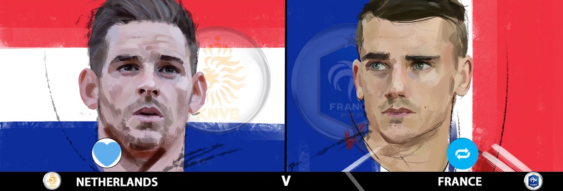 werfootball's tweet photo. #NEDFRA in the World Cup qualifiers tonight. 
Who wins?
Fav= #Netherlands
RT= #France 
Quote = Draw https://t.co/C07Dx94NxT