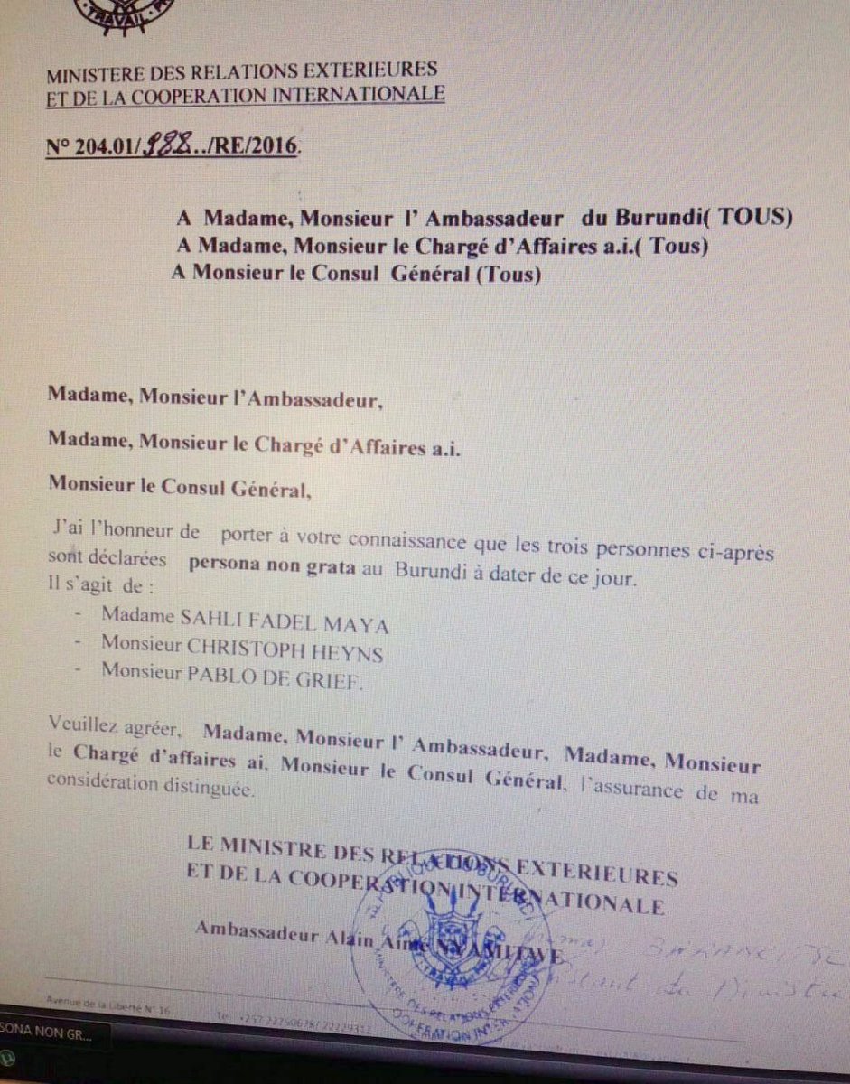 Habicentsojo's tweet photo. Sahli Fadel Maya, Christof Heyns&Pablo De Grief @UN experts authors of #UNIIB report on #Burundi declared personae non gratae in #Burundi https://t.co/HzsfqldA6Q