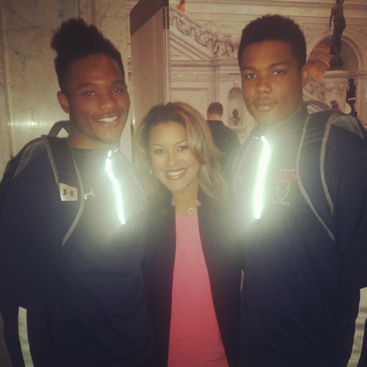 MadisonDonovan's tweet photo. My #HUBisonFootball guys @JustBuggs__ and #Ramani were able to meet #HUalum reporter @leslifoster today #LiveDC https://t.co/VQFrLQ3hZW