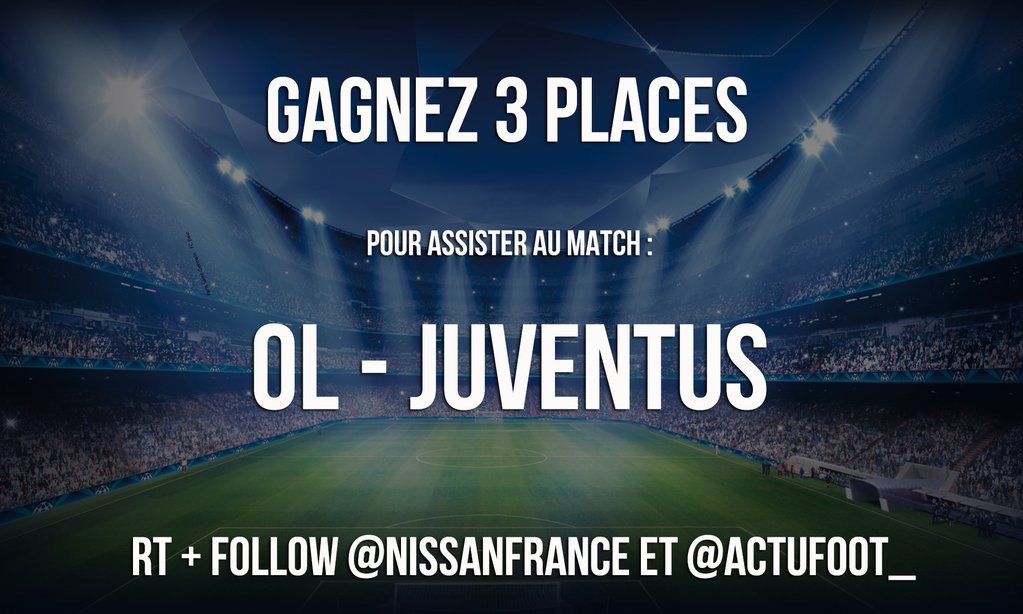 ActuFoot_'s tweet photo. RT + FOLLOW @nissanfrance + @ActuFoot_ pour tenter de gagner 1 x 3 places pour :

OL🇫🇷 - JUVENTUS🇮🇹 https://t.co/qIbVBB9tf7