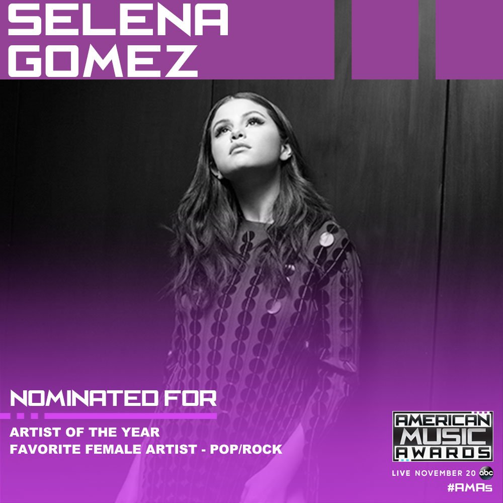 SelenaFanClub's tweet photo. Happy Monday to us! @selenagomez is nominated for two @AMAs including ARTIST OF THE YEAR! We couldn't be more proud. RT to vote! #AMAs https://t.co/8RPqsEtR2n