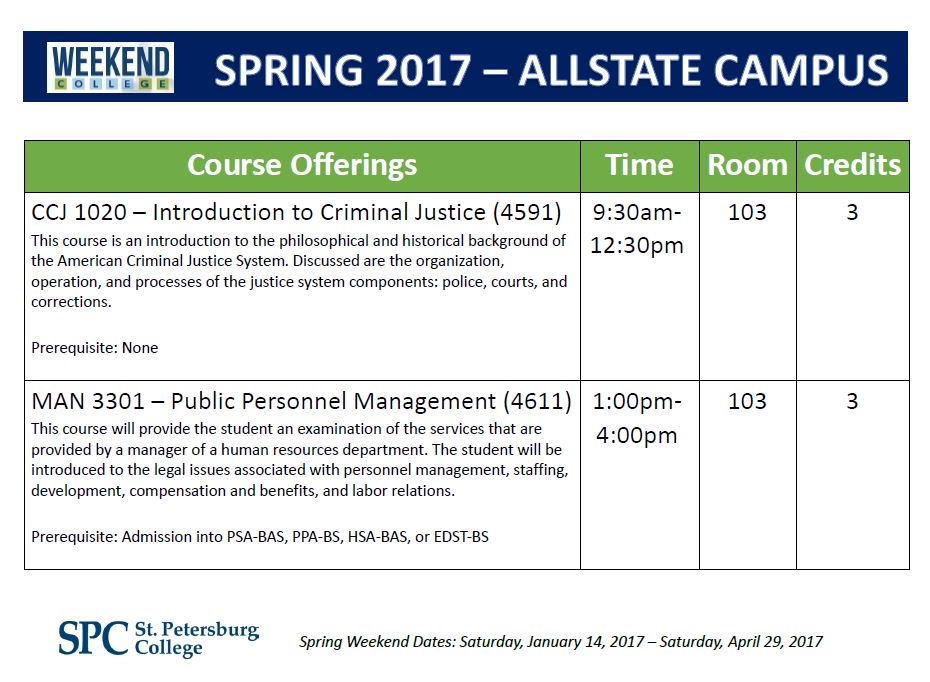 APerfettiSPCAC's tweet photo. The #SPCollege Allstate Campus will hold TWO NEW #WeekendCollege classes this Spring '17 term. Registration opens Oct 26th. #SPCPublicSafety https://t.co/qN6YxboMns