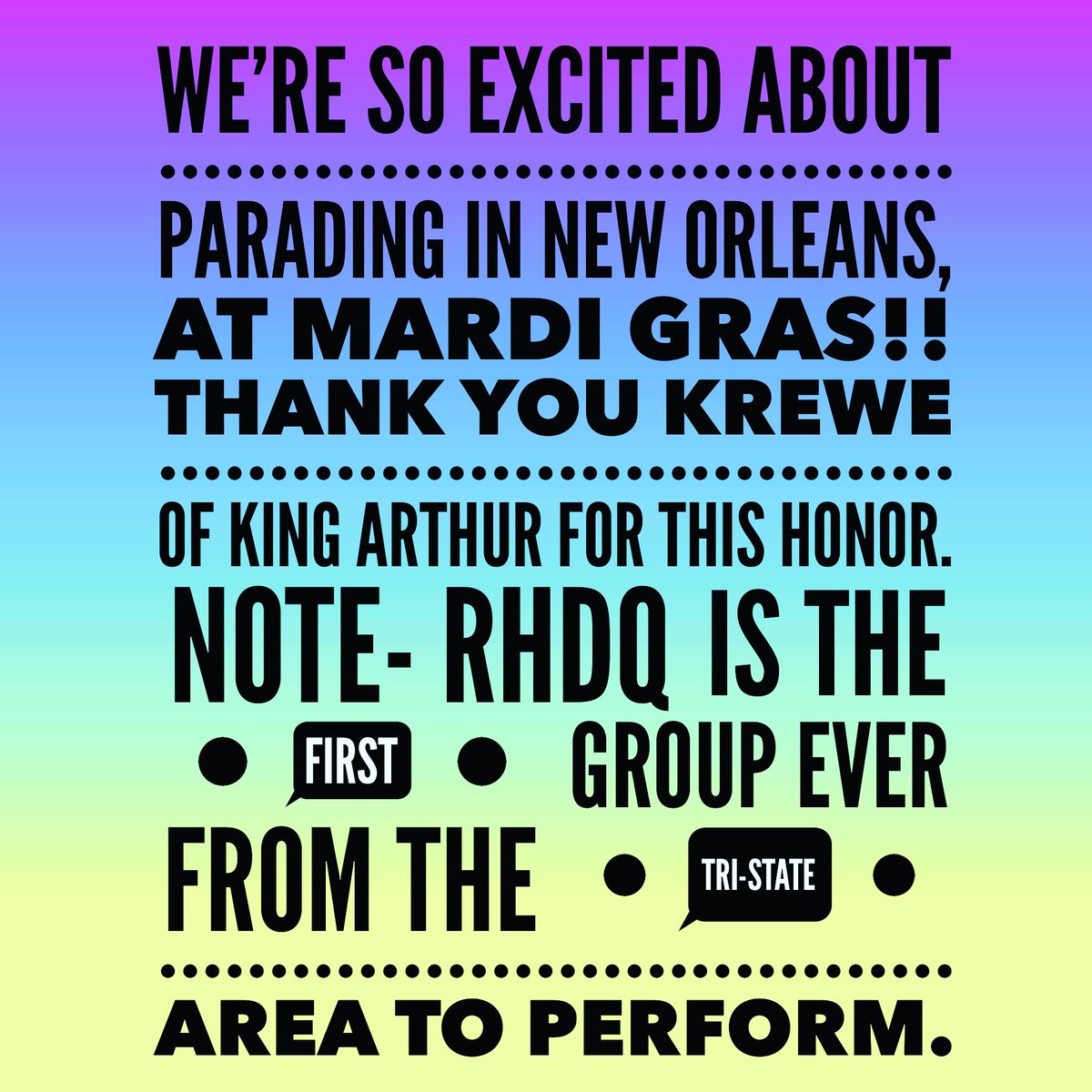 RHDQCincinnati's tweet photo. @RHDQCincinnati are so #excited to be invited and perform in New Orleans at #MardiGras. So lucky to be in the #KreweOfKingArthur #parade https://t.co/IcKOp3FHfE
