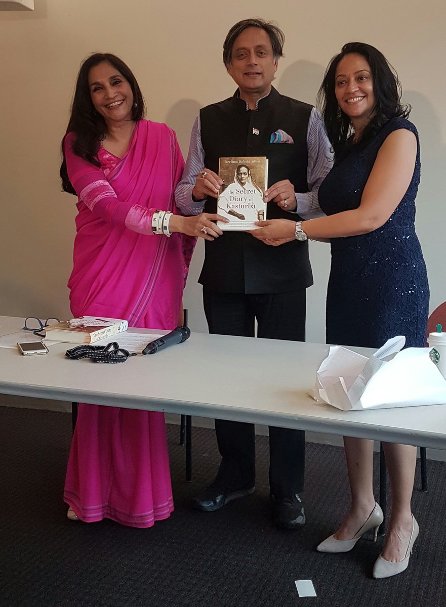 ShashiTharoor's tweet photo. Launching @neelimaadhar's The Secret Diary of KasturbaGandhi at #IAACLitFest2016.  (Author in sari, interviewer @manreetss in skirt). https://t.co/r9ghGZrmws