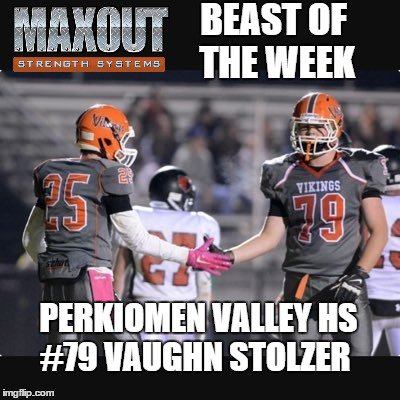 MaxOutStrength's tweet photo. The MaxOut #HighSchoolBeastOfTheWeek goes to Perk Valley's standout G Vaughn Stolzer #MaxOutStrength #BarwisMethodsTowers @vikings_pv https://t.co/XQALdGjrDs