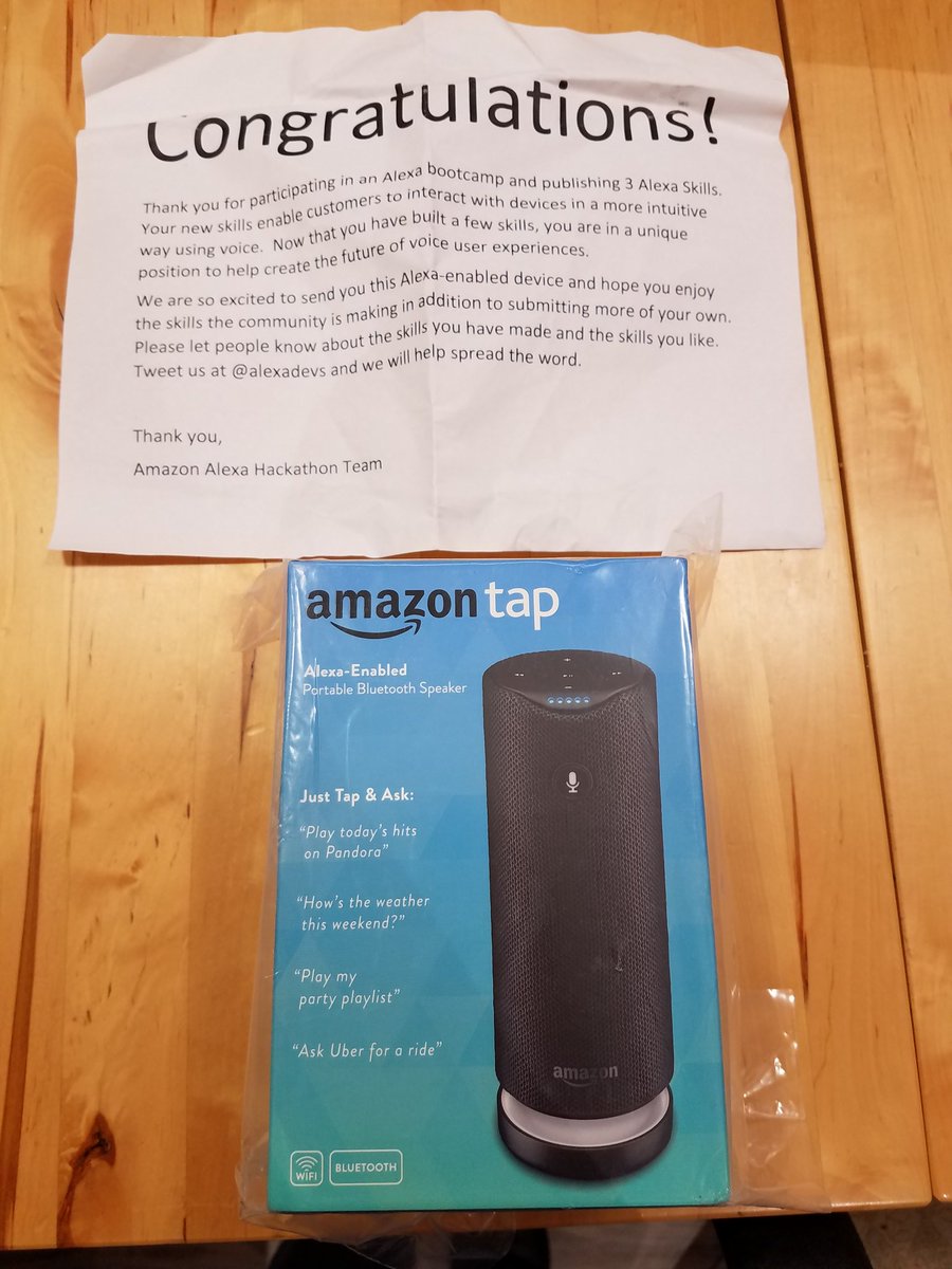 Hongily's tweet photo. Yay @Amazon sent me an #AmazonTap for publishing three Alexa skills!! ๐ ๐ Thanks @alexadevs @LizMyers @codedistrictla #LABootcamp https://t.co/d1wTlnHevz