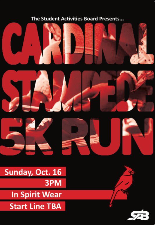 Calling all runners AND walkers! Cardinal Stampede 5K is this Sunday! Race registration is on OrgSync and will be available on the day of!