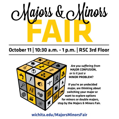 ShockerCareer's tweet photo. Want to change your major or add a minor? Explore the possibilities tomorrow at the Majors &amp; Minors Fair! https://t.co/DhRZXnliR7
