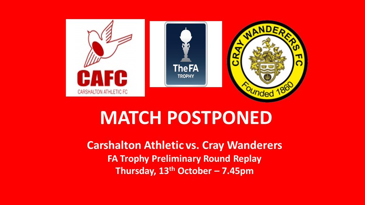OfficialWands's tweet photo. A note for Cray supporters the FA Trophy replay at Carshalton on Thursday night has been postponed.  More information to follow. https://t.co/pUErfCS5ta