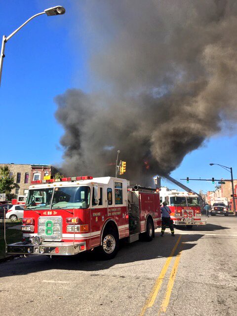 BCFDL734's tweet photo. Happening Now 2nd Alarm Dwelling Fire 400 S Fulton Ave fire in multiple dwellings #IAFF #Baltimore https://t.co/zRd4ydhBPl
