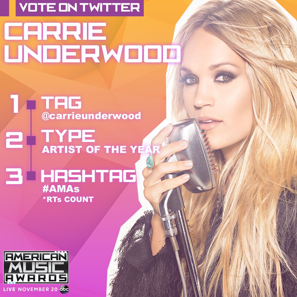 carrieunderwood's tweet photo. RT to vote @CarrieUnderwood as 2016’s @AMAs Artist of the Year! #AMAs –TeamCU https://t.co/0AFYVTkLAt