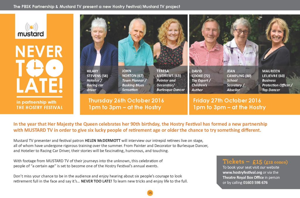 Hostryfestival's tweet photo. #NorwichHour - seen the retirees on @MustardTVs "never too late"? Join them @Hostryfestival - tickets 01603 598676 https://t.co/ujnhg3cOvp