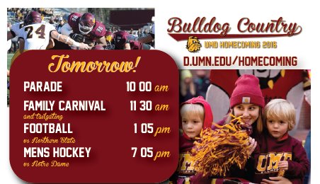 UMDBulldogs's tweet photo. HOMECOMING Game Day tomorrow:  Arrive early for @UMD_Football tailgating and the parade! https://t.co/vLudovSeQB