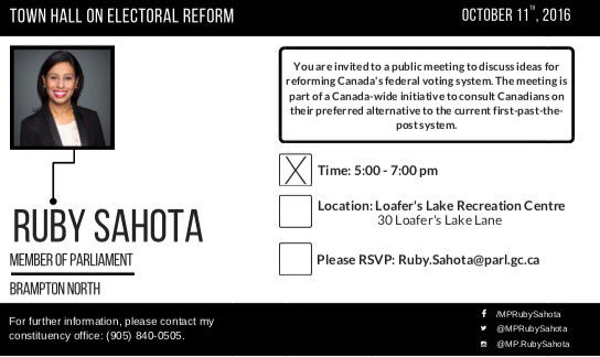 rubysahotalib's tweet photo. Have you RSVP'ed to #Brampton North's #ElectoralReform Town Hall at Loafer's Lake Rec Centre on Oct 11th at 5pm? #ERRE #EngageInER https://t.co/UMmOd4GC6c