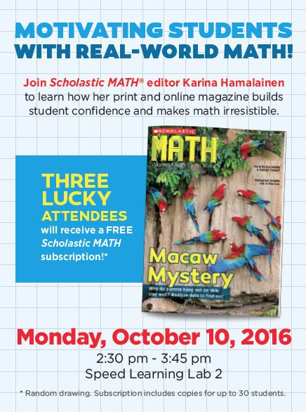 ScholasticEdu's tweet photo. Are you at #AMLE16? Don't miss out on #ScholasticMATH's workshop about motivating students with real-world math! https://t.co/y3J6C2jWyk