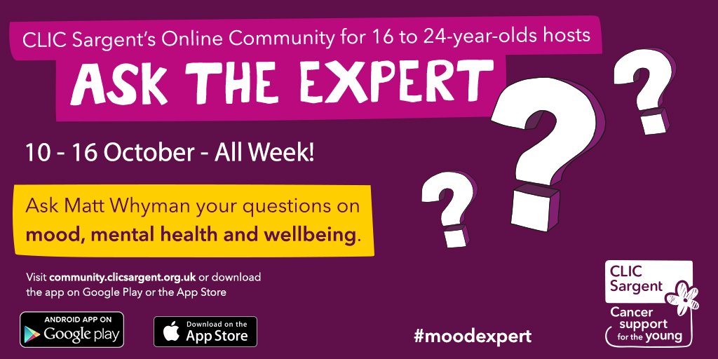 YLvsCancer's tweet photo. 16-24s who have/had cancer can ask questions about mental health on our Online Community with #moodexpert https://t.co/b29Oy6LUAc https://t.co/16xEsO4ghw